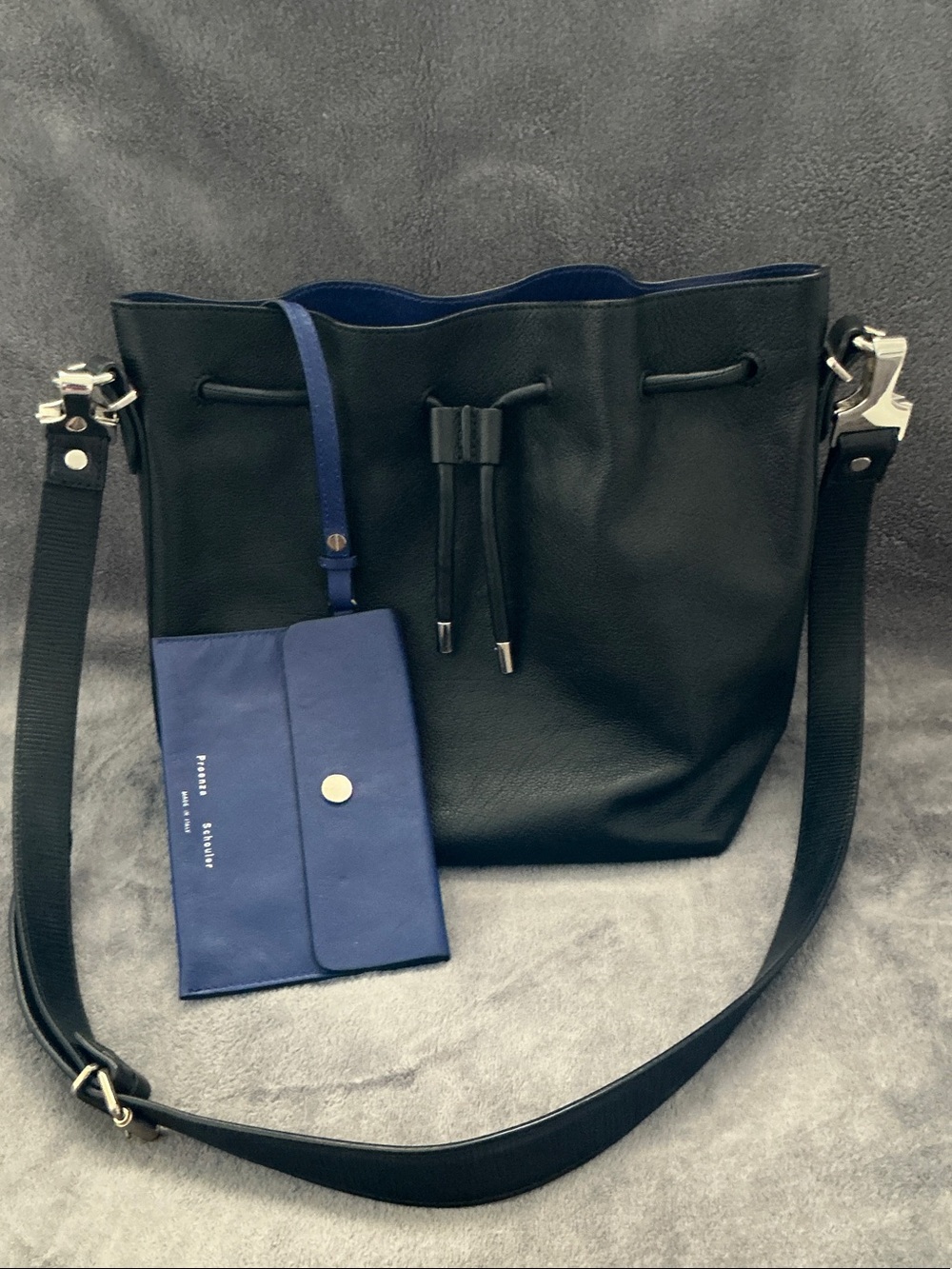 Proenza Schouler Black Leather Drawstring Bucket Bag with Detachable Pouch